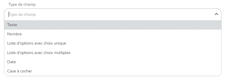 Présentation de la liste déroulante des types de champs