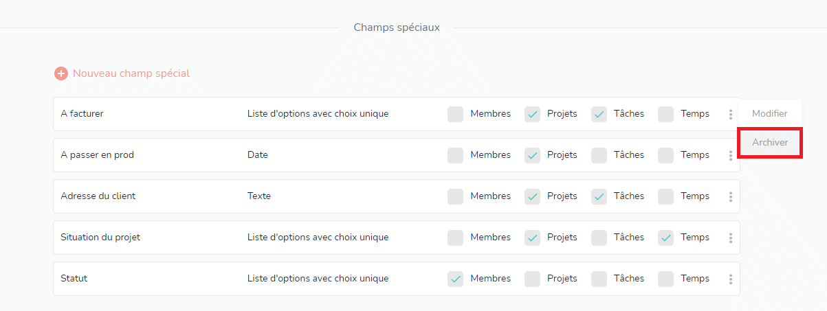 Bouton d'archivage des champs spéciaux