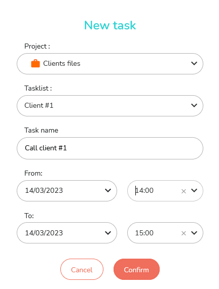 Form for creating a task in the Beesbuy agenda