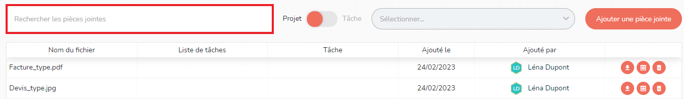 Barre de recherche pour rechercher les pièces jointes du projet