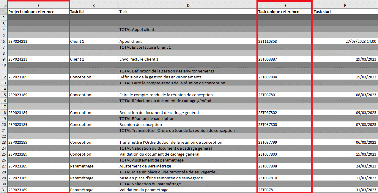 Export Excel numéro de tâches et de projets Beesbusy