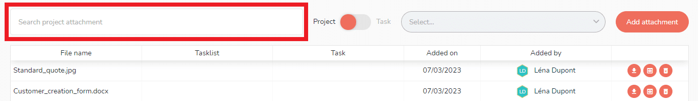 Search bar for project attachments