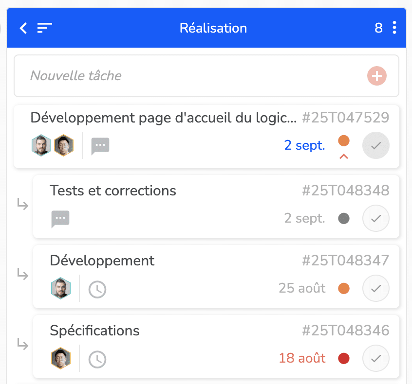 Vision des sous-tâches dans la vue Quoi