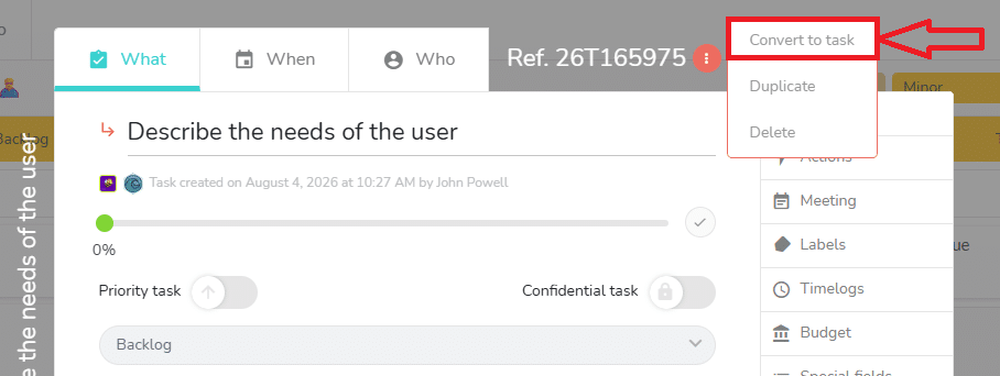 Menu of the task, with an entry to convert the subtask into a task