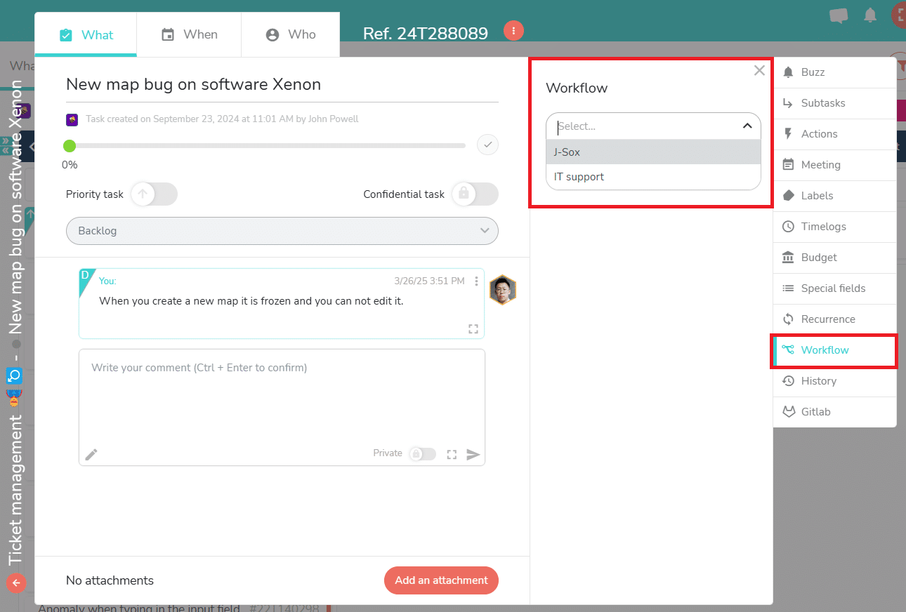Drop-down menu to select the workflow