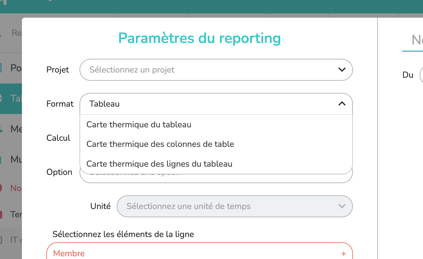 Choix des différents types de tableau possibles dans le reporting