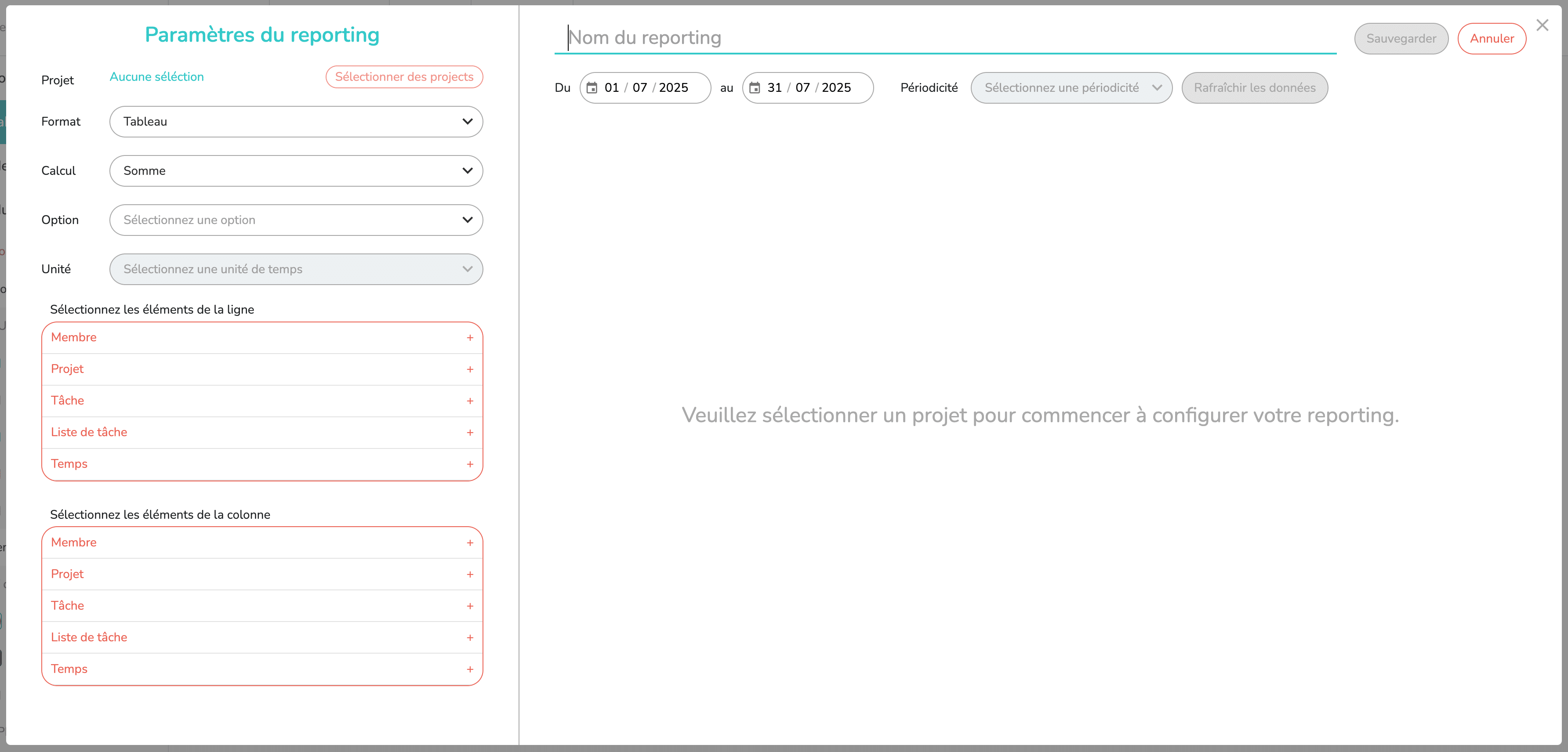 Pop up de paramétrage et de prévisualisation du reporting