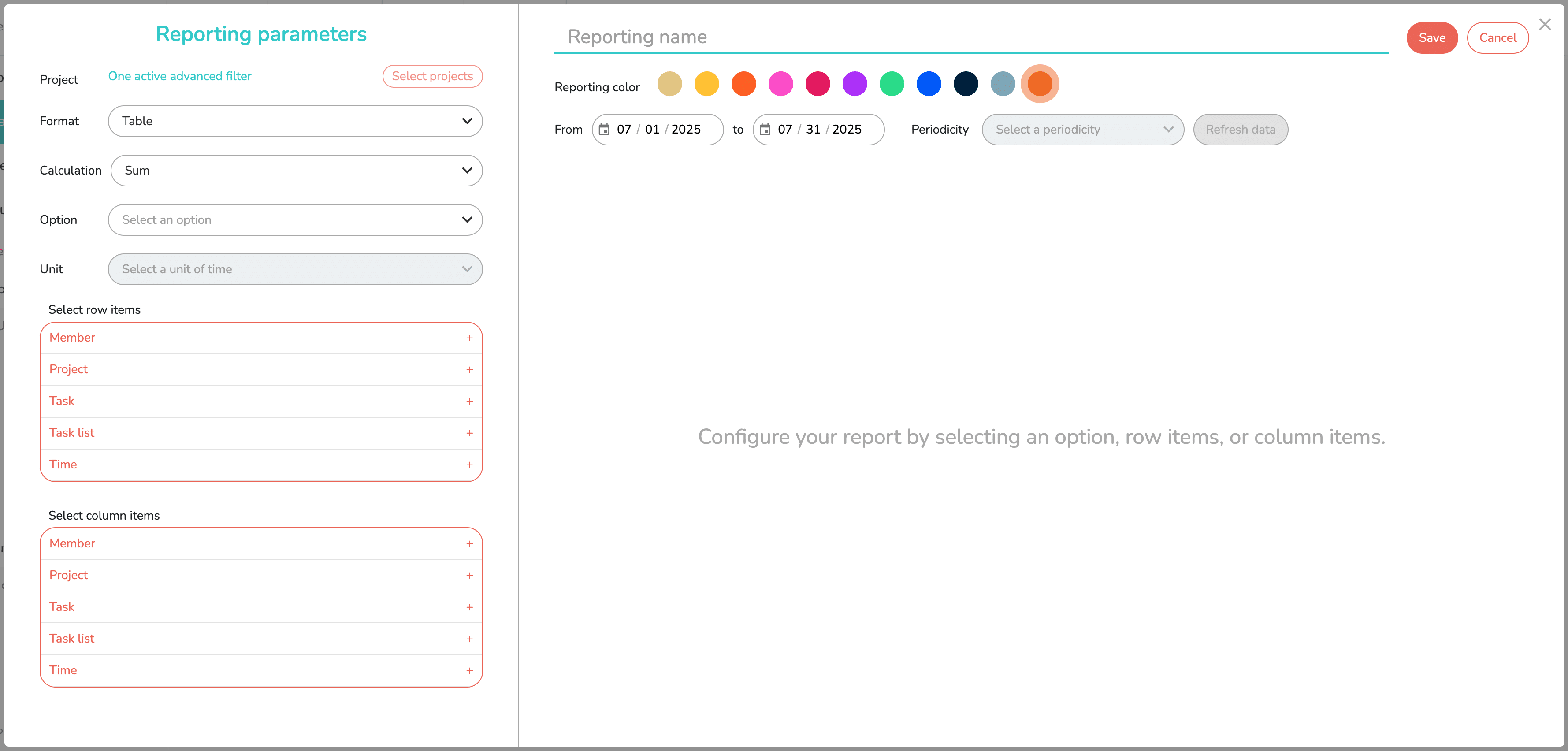 Pop up for reporting settings