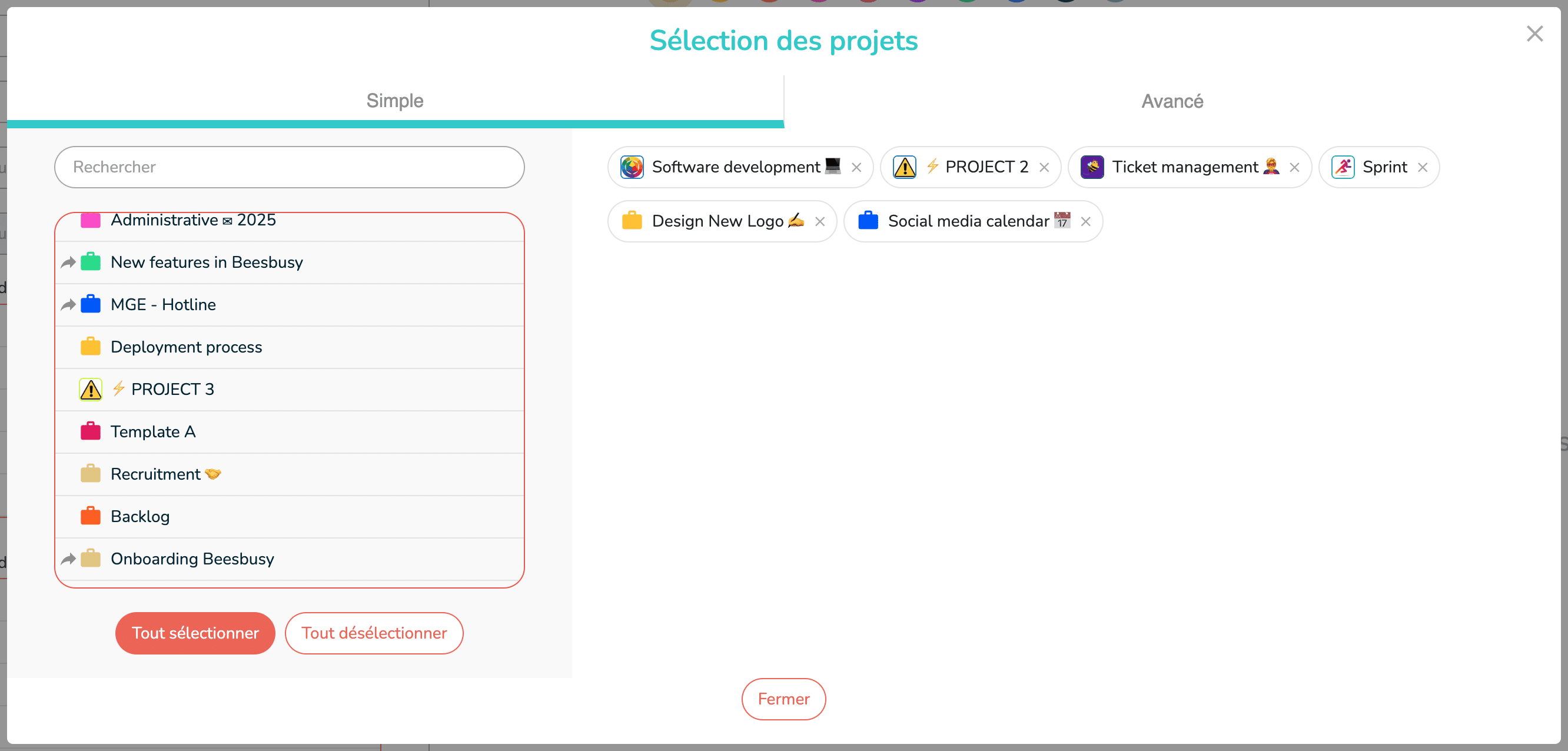 Modale de sélection de projets du reporting en mode simple