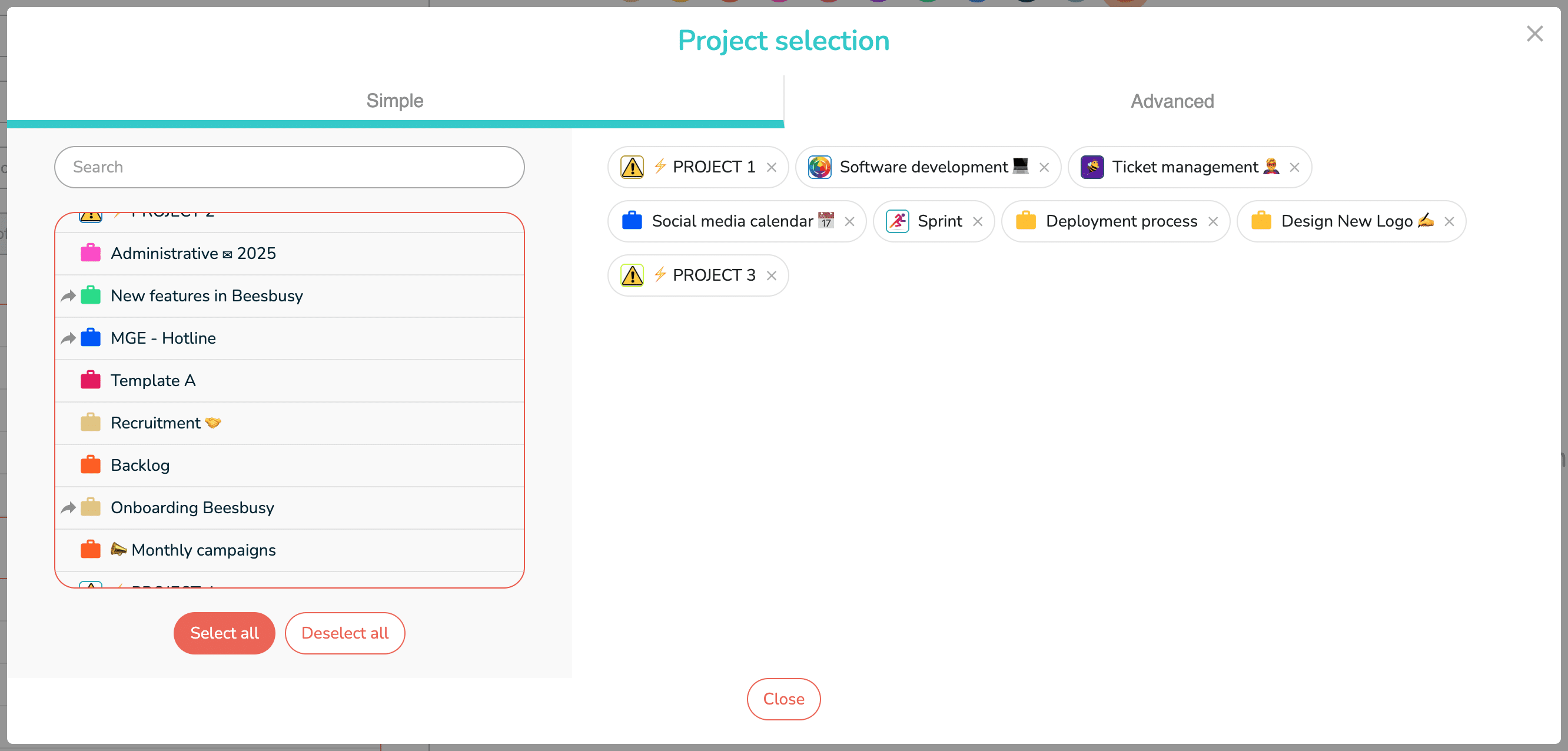 Reporting simple project selection
