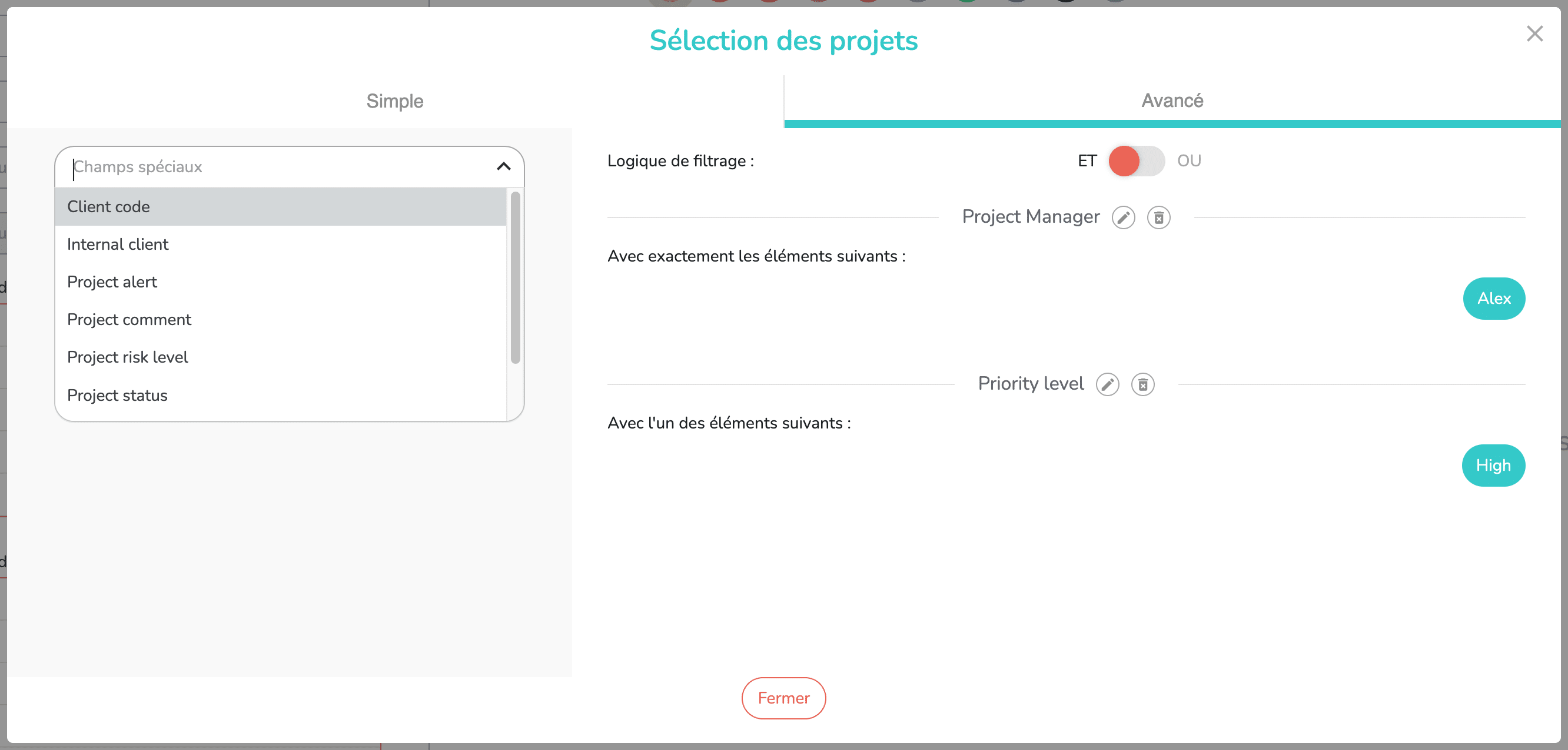Modale de sélection des projets du reporting en mode avancé