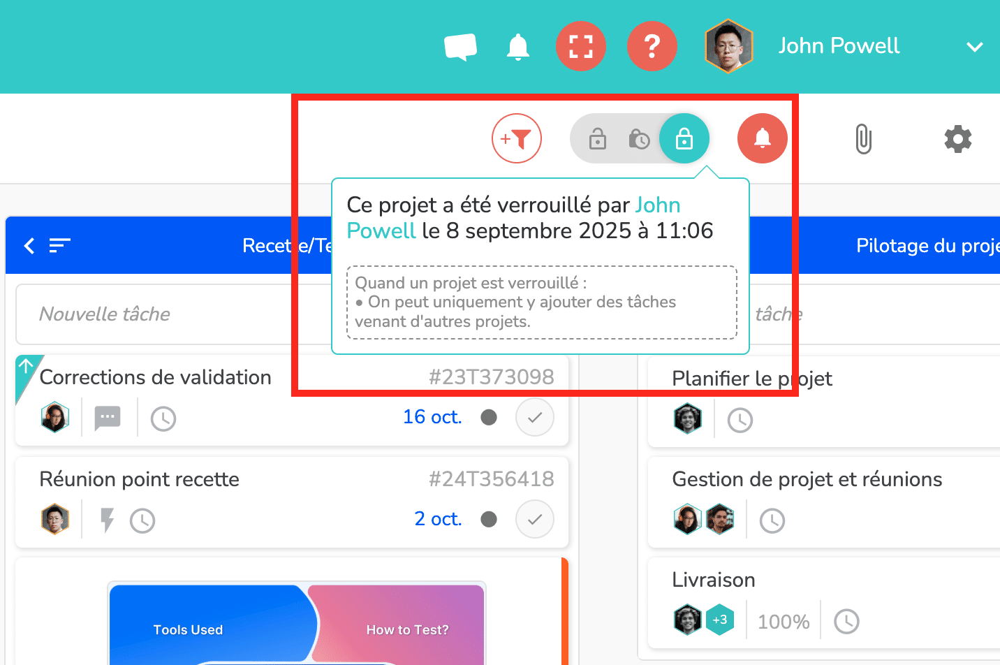 Infobulle indiquant qui a verrouiller le projet et quand