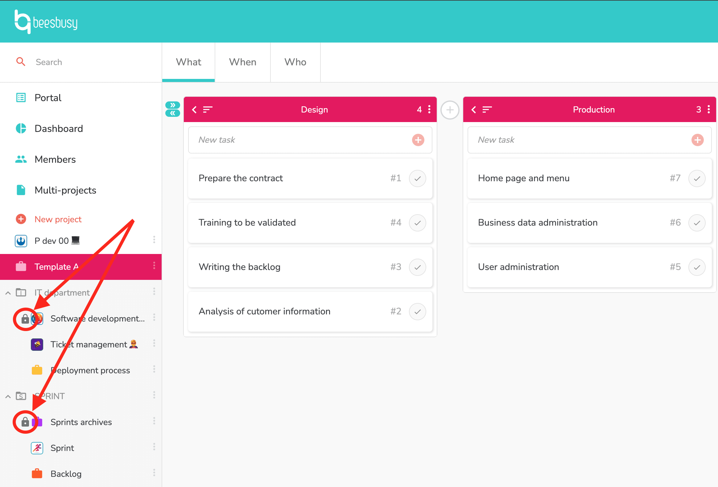 Padlock picto to easily know which project is locked on.