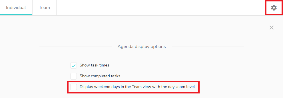 How to access the team agenda display options