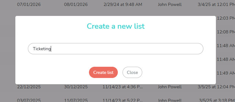 Pop up to name the new list