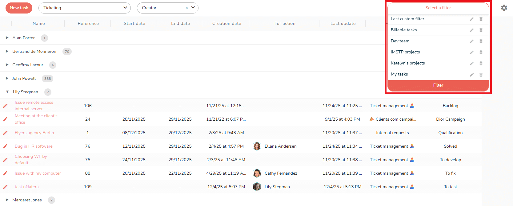 Choose a filter on the list view