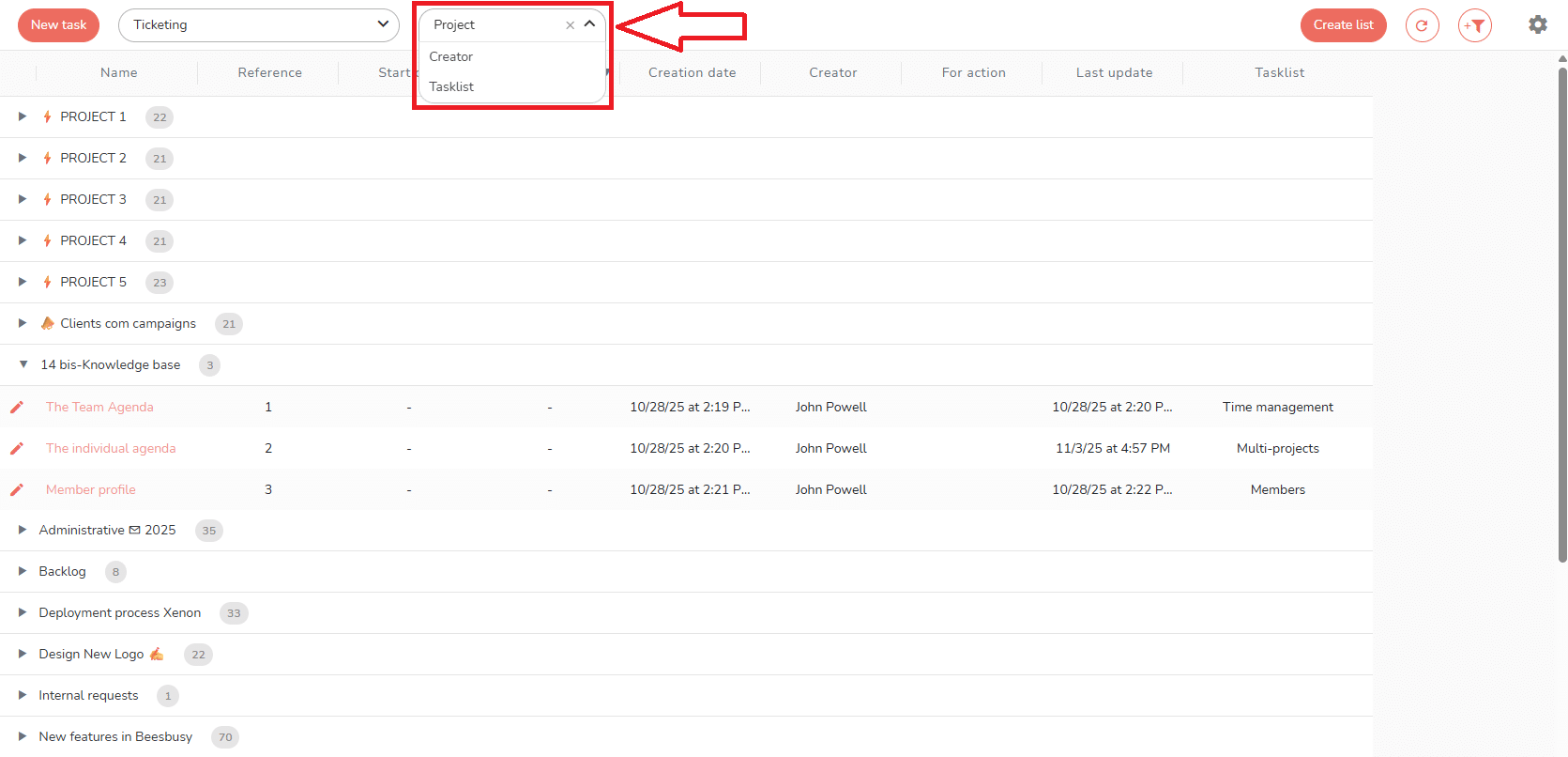 Drop down menu to group tasks inside the list
