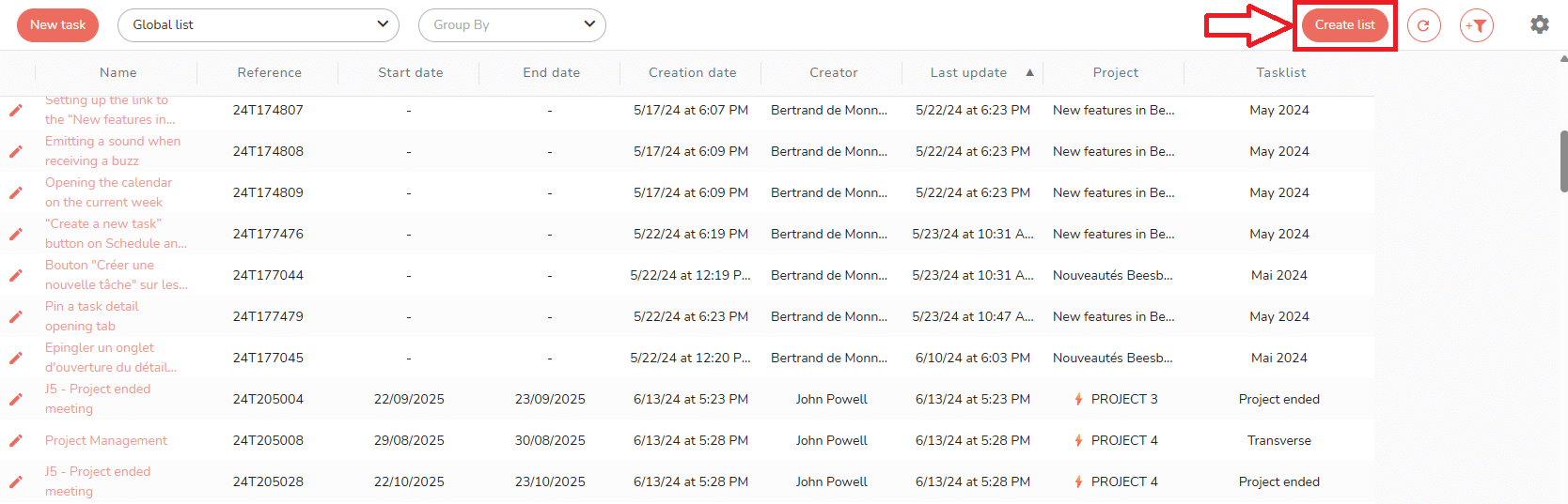 Click on Create liste to generate a new list