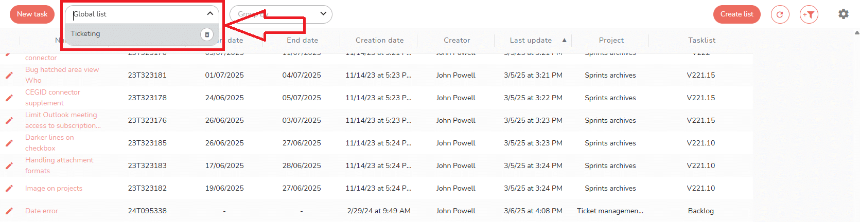 Drop-down menu to select a list
