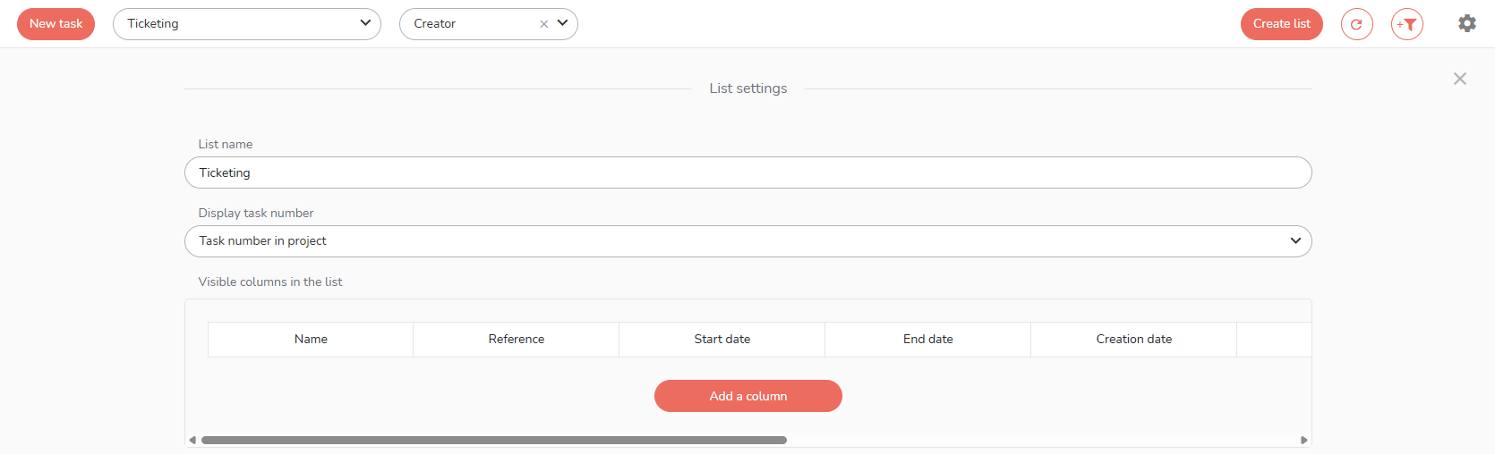 Windows with all the entry for the settings of a list