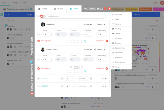Task opened on the who tab, with timelogs and planed times