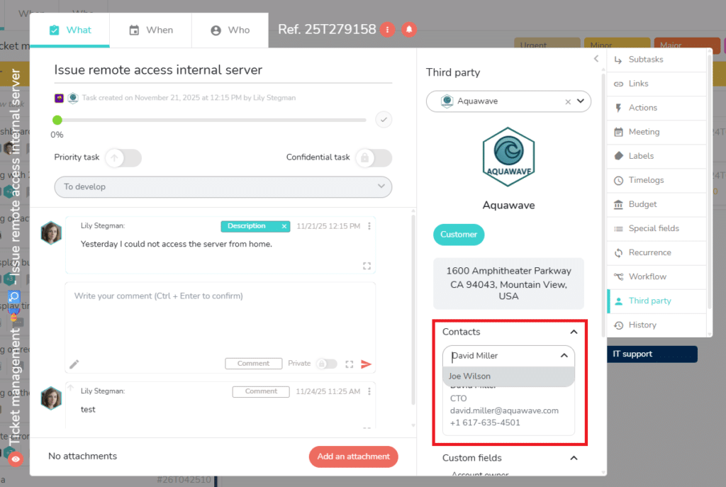 Drop down menu to change the contact on the task