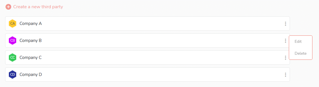 Menu to edit or delete a third party