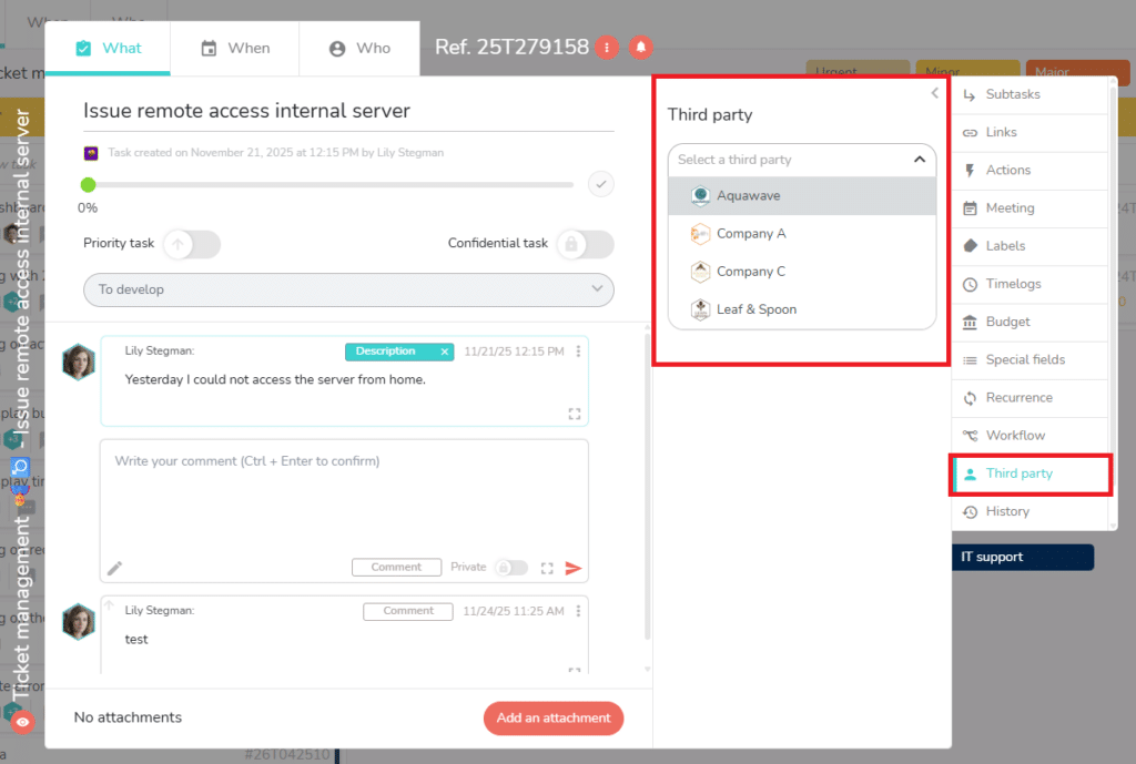 Drop-down menu to choose a third party on a task