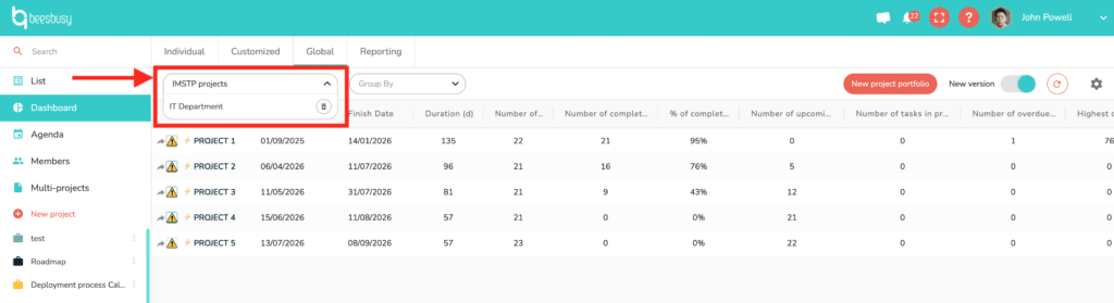 Drop down menu to select your portfolio