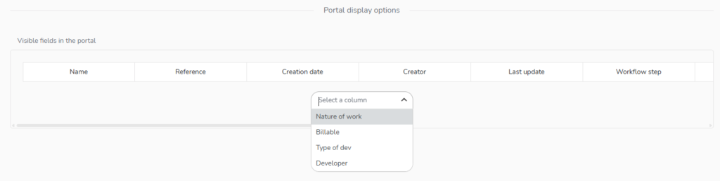 Drop-down menu to add a column in your portal