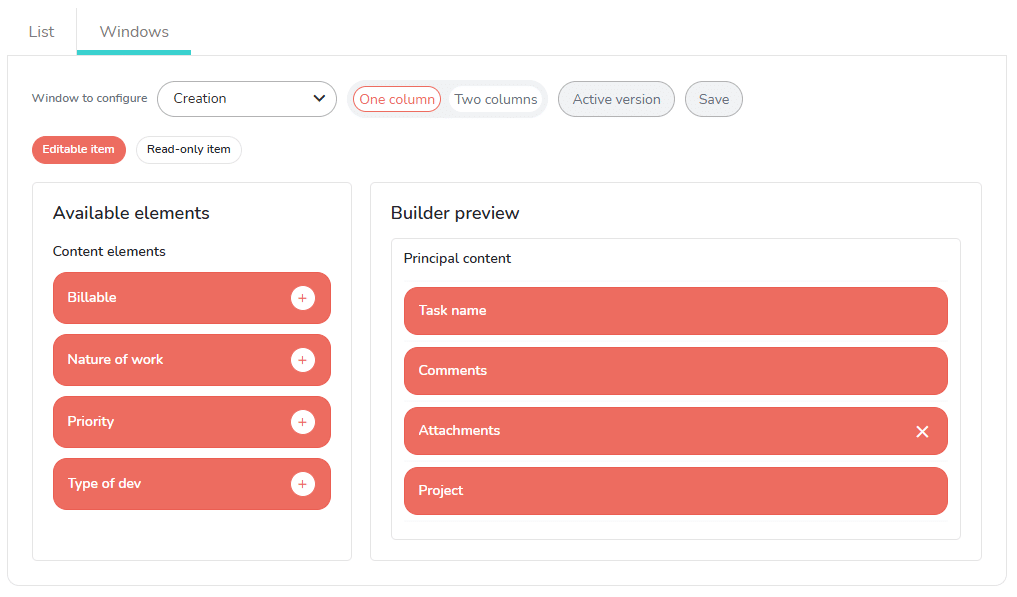 How to configure the creation task window of the portal