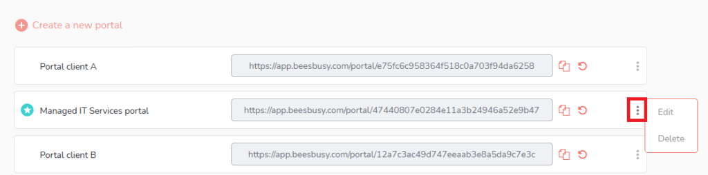 Menu to edit or delete a portal