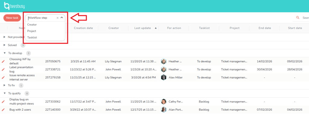Drop down menu to group the tasks of the portal