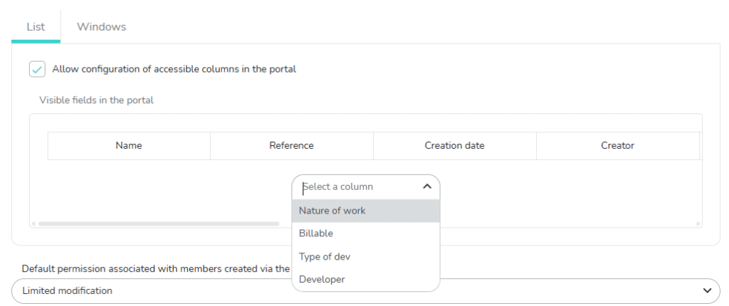 Configuration of the columns allowed in the portal