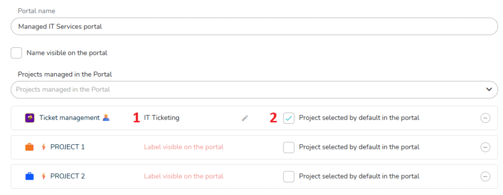 Displaying projects options