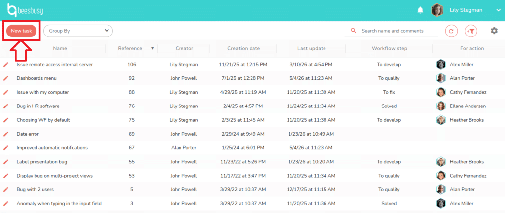 Button to create a new task in the portal