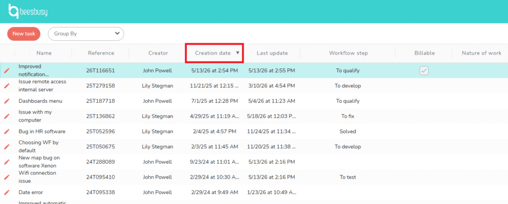 Click on the header of a column to sort the tasks following that criterion