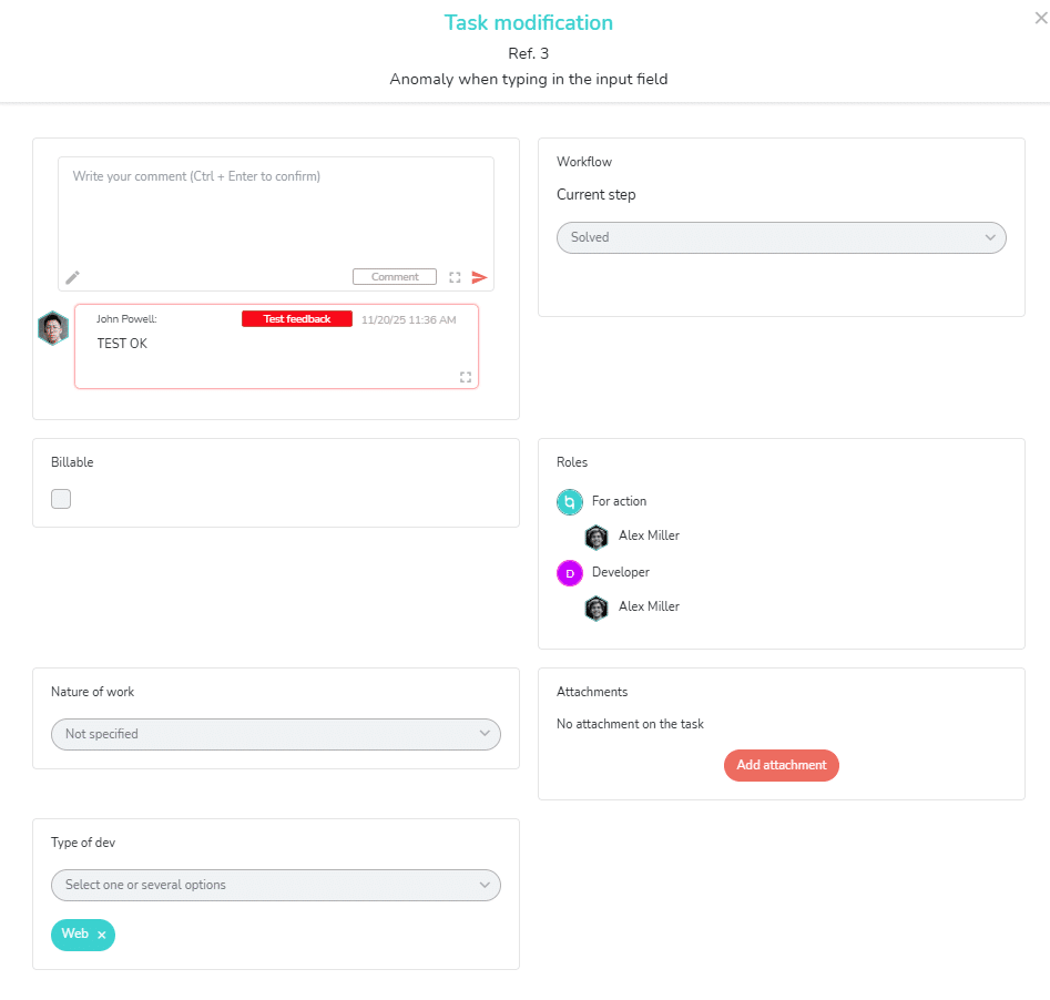 Display of the task to edit in the portal