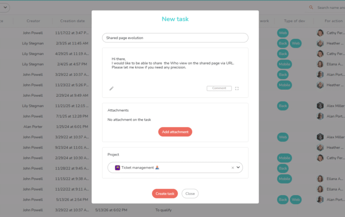 Window to create a new ticket in the portal