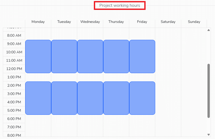 Configuration of the project working hours