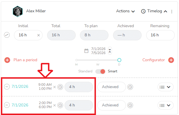 Exemple of two timelogs created thanks to the smart scheduling