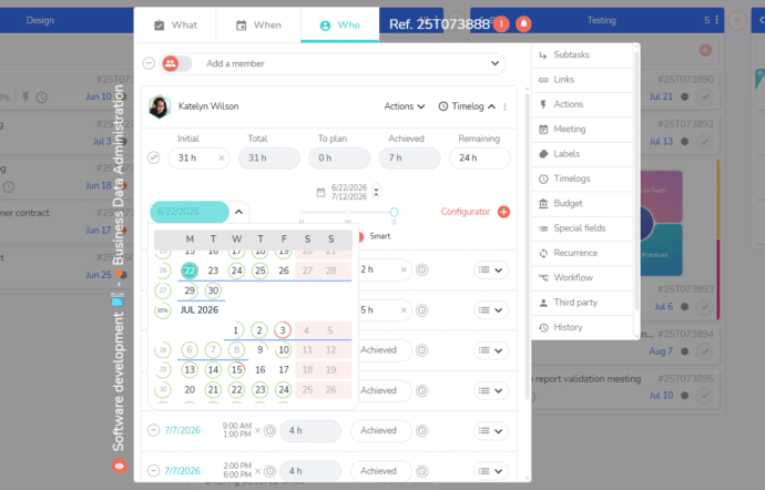 Various features to schedule times in the detail of the task (who tab).