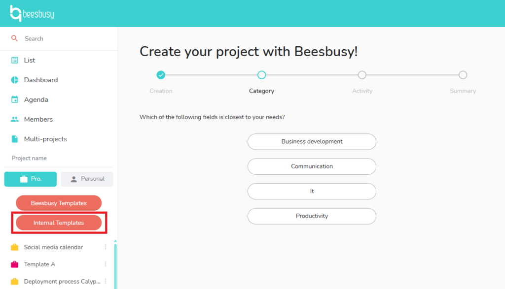 How to choose the kind of project template you want to use