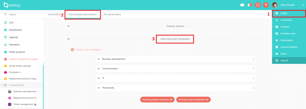 Administration space for the project templates
