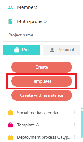 Button used to create a project based on a template